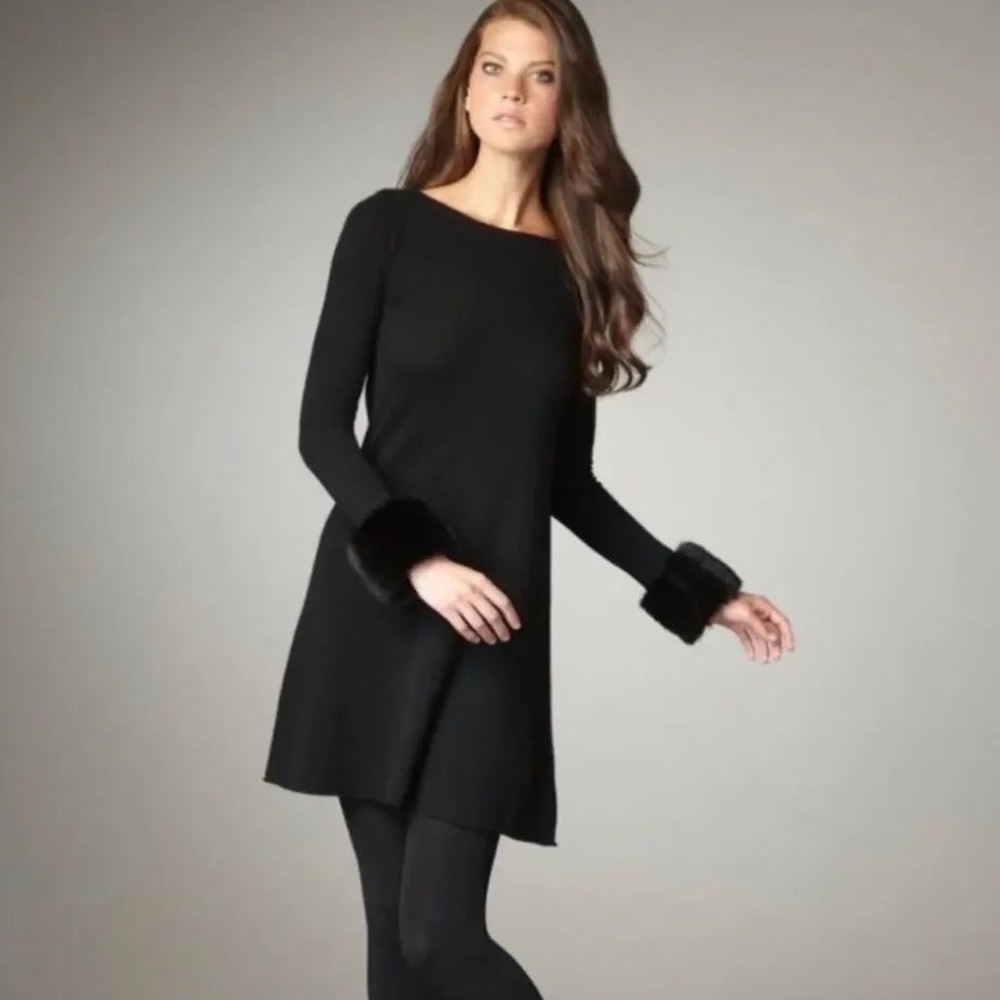 Autumn Cashmere Black Pure Cashmere Faux Fur Cuff Sweater Dress Small S Lightwei